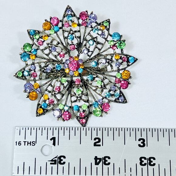 Round Flower Floral Bouquet Sash Brooch Pin Multicolor Rhinestones Bronze Toned - Picture 8 of 8